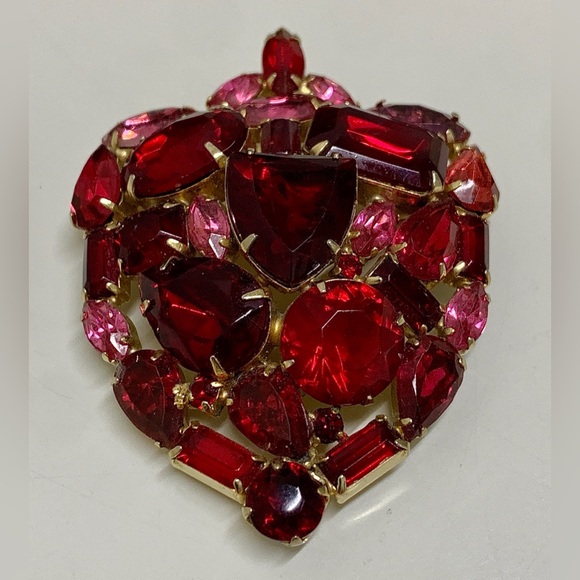 Mid Century Vintage Gold Tone Ruby Red Rhinestone Art Deco Pinback Brooch - Picture 16 of 16